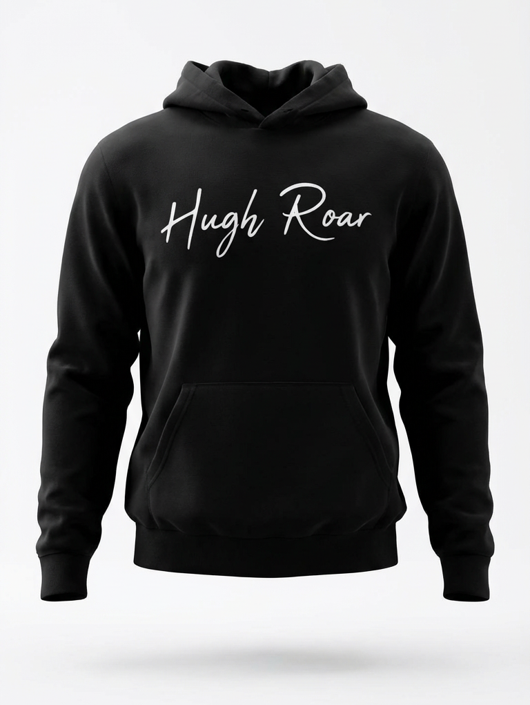 Black hoodie with 'Hugh Roar' text on a white background
Material:	55% polyester/45% cotton.
Weight:	300 gsm