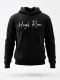 Black hoodie with 'Hugh Roar' text on a white background
Material:	55% polyester/45% cotton.
Weight:	300 gsm