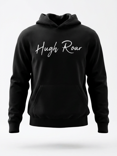 Black hoodie with 'Hugh Roar' text on a white background
Material:	55% polyester/45% cotton.
Weight:	300 gsm