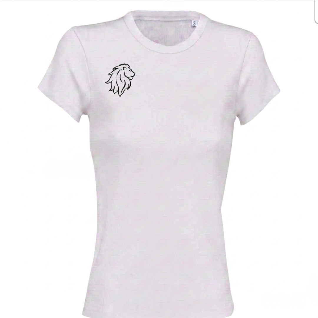 White t-shirt with a black lion logo on a white background