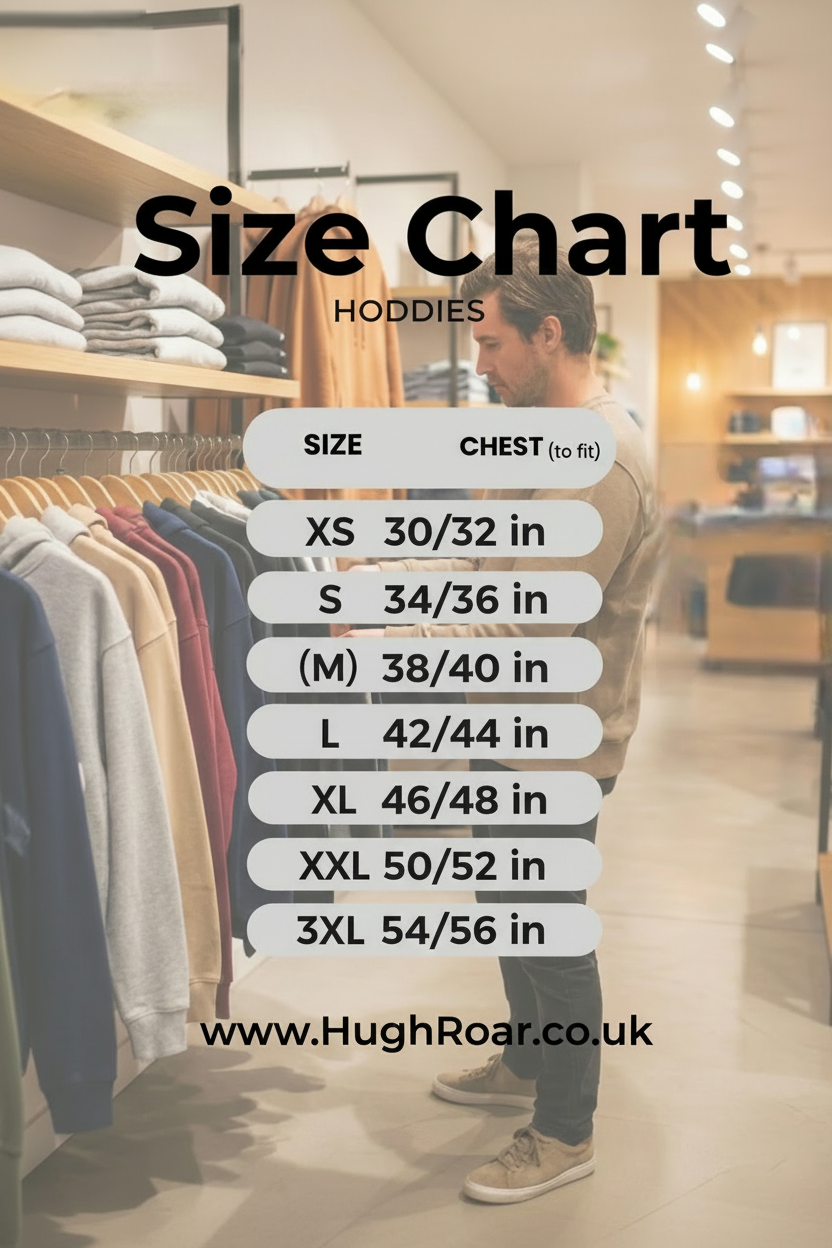 size chart
Size	XS	S	M	L	XL	XXL	3XL
Size:	XS	S	M	L	XL	XXL	3XL
Chest (to fit):	30/32	34/36	38/40	42/44	46/48	50/52	54/56
