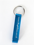 A bright blue anodized aluminum keychain with a silver split ring, ideal for opening bottles and cans,featuring the website 'www.Hughroar.co.uk.