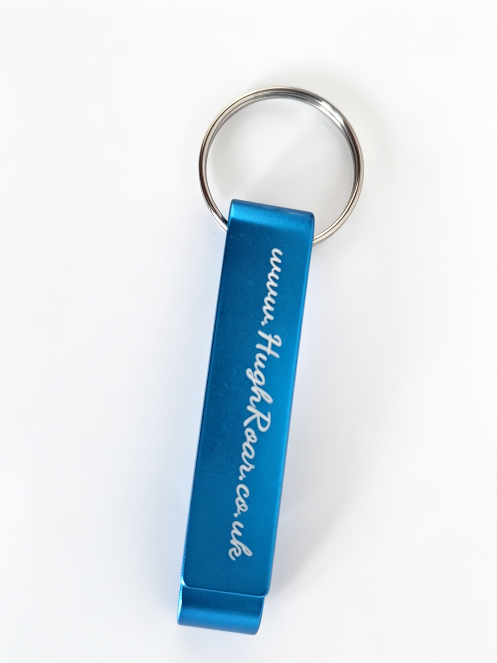 A bright blue anodized aluminum keychain with a silver split ring, ideal for opening bottles and cans,featuring the website 'www.Hughroar.co.uk.